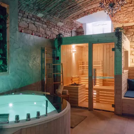 Luxury wellness area with whirlpool and sauna in Prague.