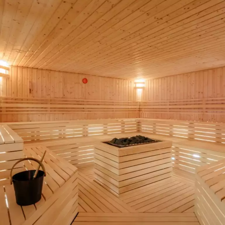 Luxury interior of a large sauna ideal for wellness during bachelor party.